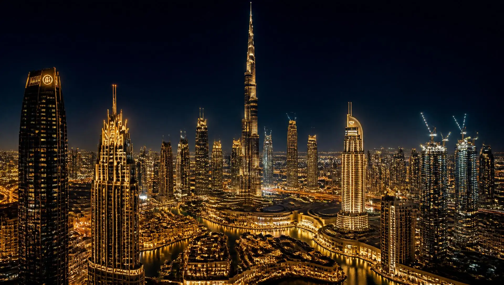 Dubai night skyline with illuminated skyscrapers